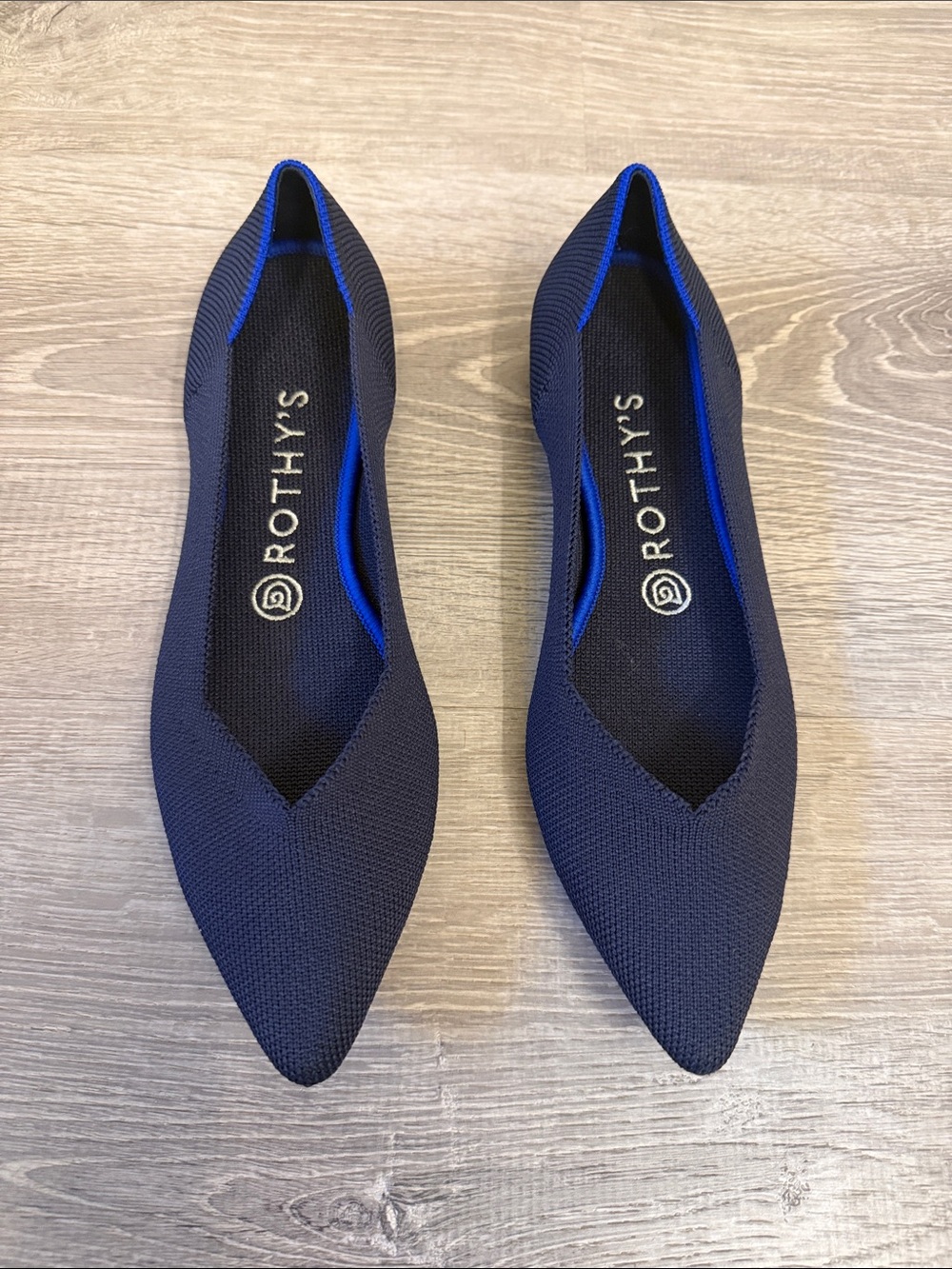 NEW Rothy's Navy Pointed Knit Flats with Royal Blue Trim